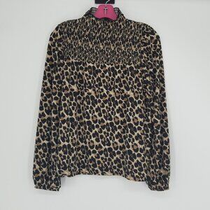 Leopard Print Smocked Shoulder Mock Turtleneck with Blouson Sleeves Petite Large
